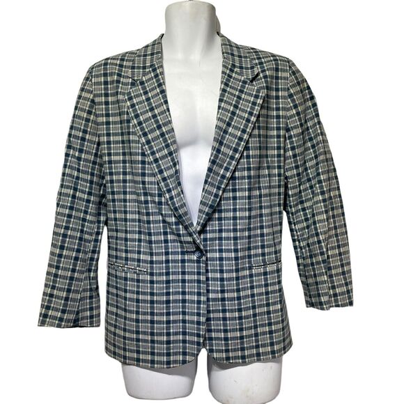Vintage LL Bean Linen 3 Button Plaid Blazer Jacket Size 10P Made In USA - Picture 1 of 5
